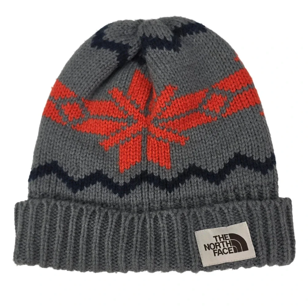 The‎ North Face Fair Isle Beanie Unisex OS Grey Orange Knit Snowflake Winter Hat